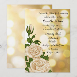 Classy Ivory Roses & Gold Bokeh Girls Baptism Invitation