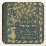 Classy Jane Austen Pride and Prejudice Book Cover Square Paper Coaster<br><div class="desc">An elegant gift for a Jane Austen fan with a picture of Pride and Prejudice book cover,  dark green with a faux gilded peacock.</div>