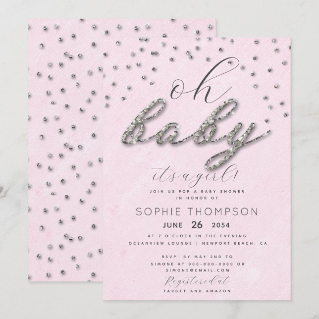 Classy Jewel Pink Sparkle Glitter Girl Baby Shower Invitation (Front/Back)