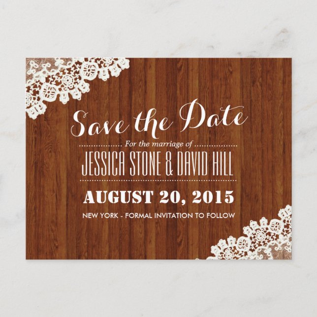 Classy Lace Corner Wood Background Save the Date Announcement Postcard (Front)
