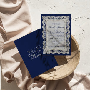 Classy Lace Royale Blue Old Money Doily Wedding Invitation