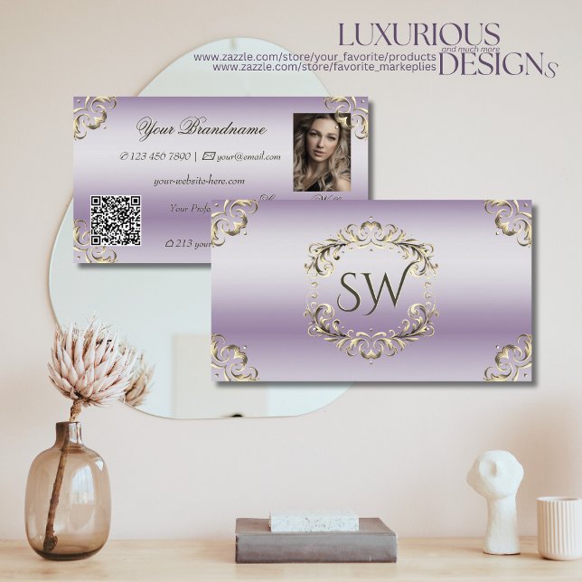 Classy Lavender Gold Ornate Monogram Photo QR Code Business Card (Creator Uploaded)