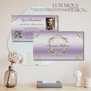 Classy Lavender Gold Ornate with Photo and QR Code Business Card