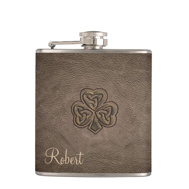 Classy leather lucky shamrock personalised hip flask (Front)