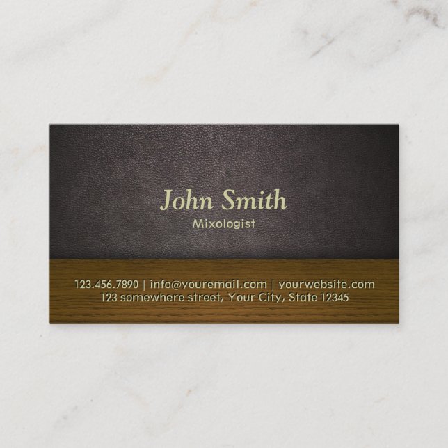 Classy Leather & Wood Mixologist Business Card (Front)