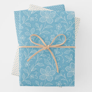 Classy Leaves Floral Art Pattern On Azure Blue Wrapping Paper Sheet