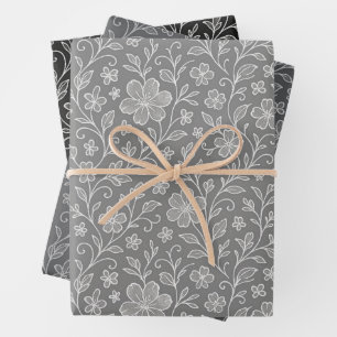 Classy Leaves Floral Art Pattern On Grey And Black Wrapping Paper Sheet