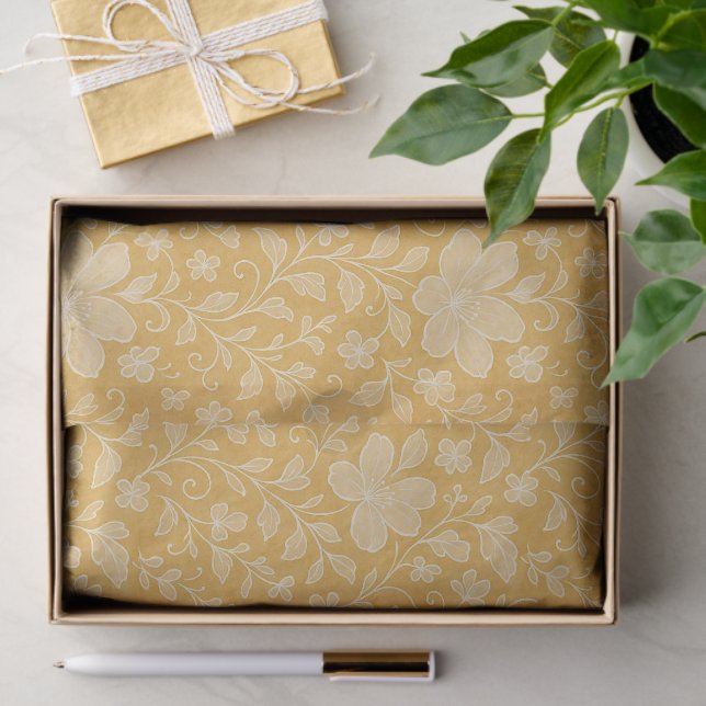 Classy Leaves Floral Art Pattern On Ochre Yellow Tissue Paper (Gift)
