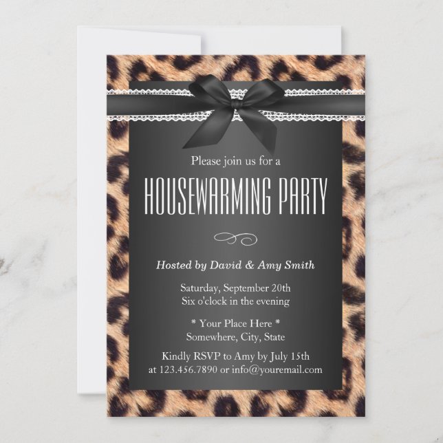 Classy Leopard Print Black Ribbon Housewarming Invitation (Front)