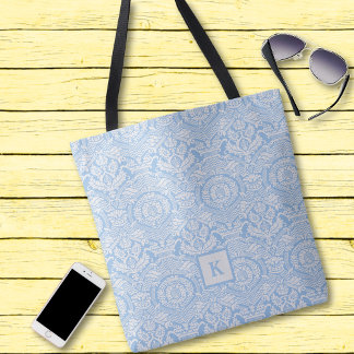 Classy Light Blue Damask Pattern Monogram Tote Bag