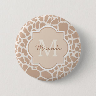 Classy Light Brown Giraffe Print Monogram and Name 6 Cm Round Badge