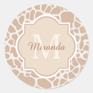 Classy Light Brown Giraffe Print Monogram and Name Classic Round Sticker