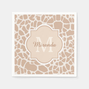Classy Light Brown Giraffe Print Monogram and Name Napkin