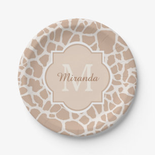 Classy Light Brown Giraffe Print Monogram and Name Paper Plate