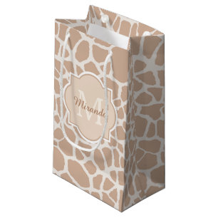 Classy Light Brown Giraffe Print Monogram and Name Small Gift Bag