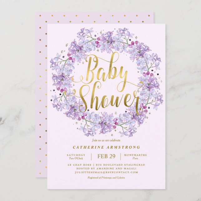 Classy Light Purple Gold Floral Wreath Baby Shower Invitation (Front/Back)