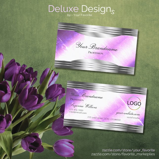 Classy Lilac Silver Shimmer Borders with Logo Chic Business Card (Creator Uploaded)