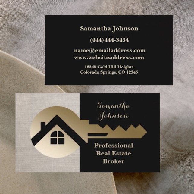 Classy Linen Gold Key Real Estate Business Card (Creator Uploaded)