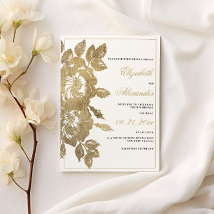 Classy luxurious white gold rose floral wedding  invitation