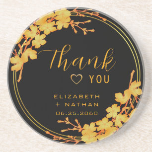 Classy Luxury Black Gold Floral Wedding Thank You Coaster