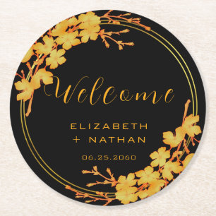 Classy Luxury Black & Gold Floral Wedding Welcome Round Paper Coaster