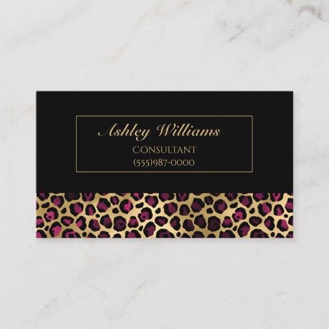Classy Luxury Gold & Burgundy Leopard Design Business Card (Front)
