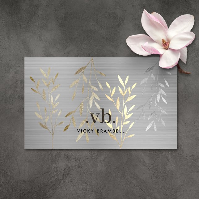 Classy Luxury Gold & Silver Leaves Monogram Salon Business Card (Classy Luxury Gold & Silver Leaves Monogram Salon Business Card)