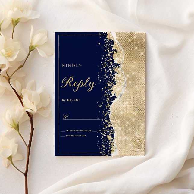 Classy luxury navy blue gold glitter RSVP Invitation (Classy luxury navy blue gold glitter RSVP )