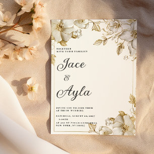 Classy luxury white and gold floral Wedding Invitation