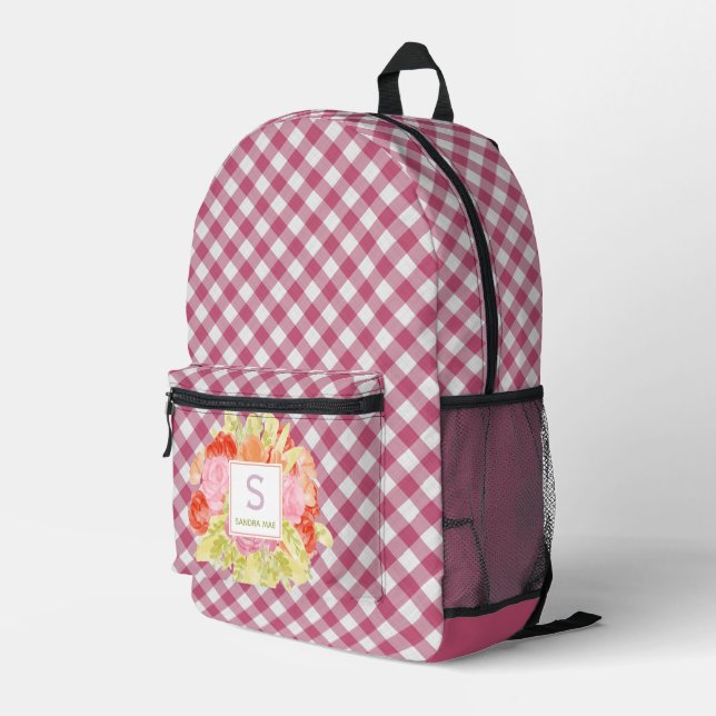 Classy Magenta Red Pink Gingham Check Pattern Printed Backpack (Back Corner Right)