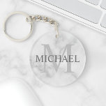 Classy Marble Personalised Monogram and Name Key Ring<br><div class="desc">Personalised Monogram and Name Gift
features personalised name in grey and monogram in light grey as background,  in classic serif font style,  
on white marble background.

Perfect as holiday gift,  family reunion favours,  thank you gift for groomsmen and gift for any special occasions.</div>