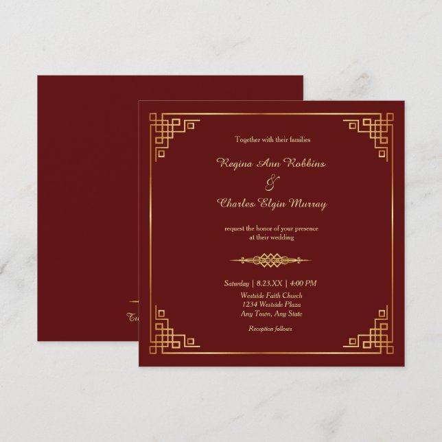 Classy Maroon Red Gold Frame Wedding Invitation (Front/Back)