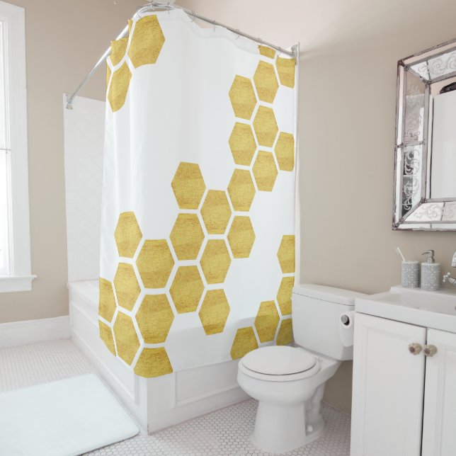 Classy Matte Gold & White Hexagons Geometric Shower Curtain (In Situ)