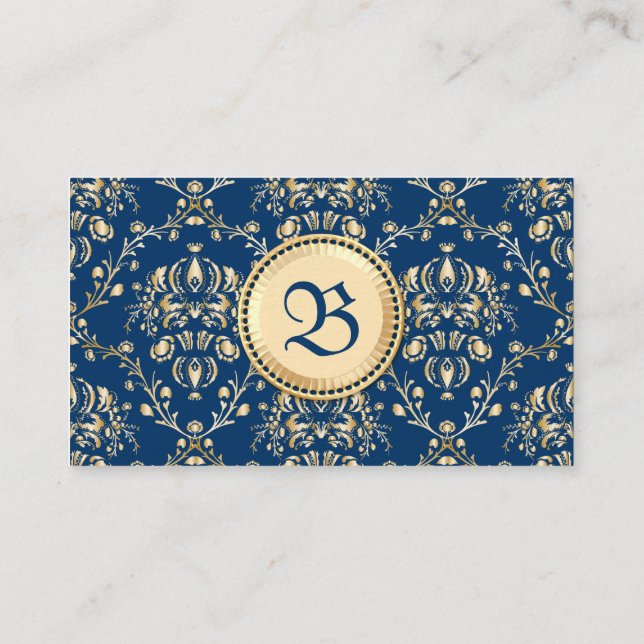 Classy Mediaeval Monogram Gold Midnight Blue Business Card (Back)