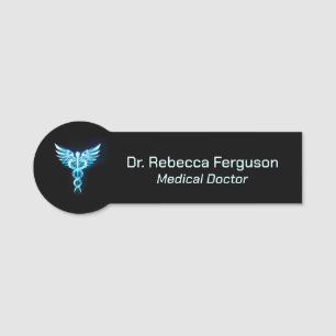 Classy Medical Blue Caduceus on Black Name Tag