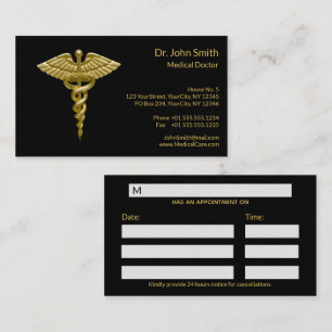 Classy Medical Gold Caduceus on Black Appointment Card