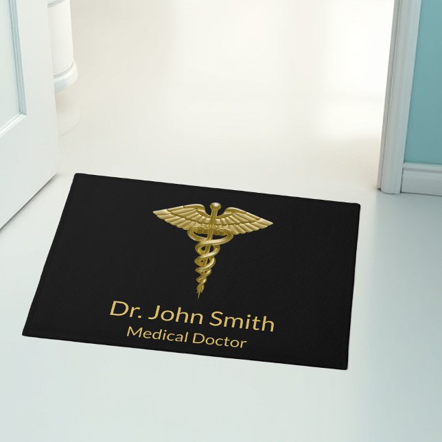 Classy Medical Gold Caduceus on Black - Doormat (Creator Uploaded)