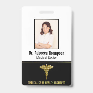 Classy Medical Gold Caduceus on Black Photo ID Badge