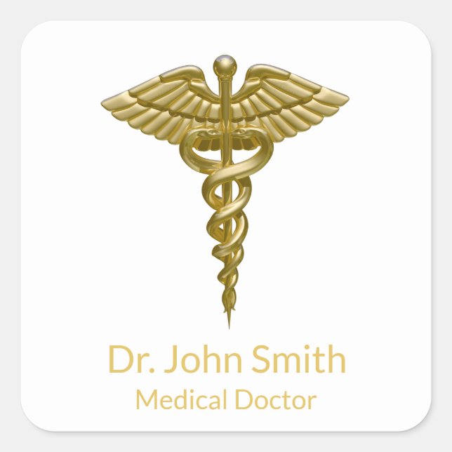 Classy Medical Gold Caduceus on White Square Sticker (Front)