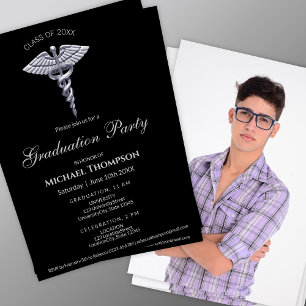 Classy Medical Silver Caduceus Dark Graduate Photo Invitation