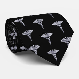 Classy Medical Silver Caduceus on Black Pattern Tie