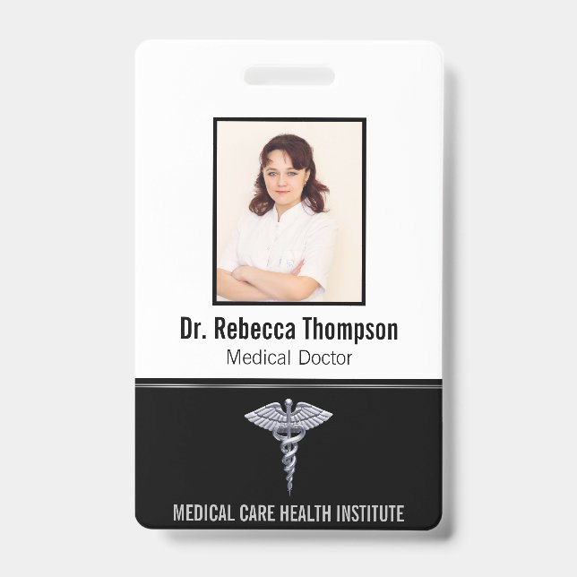 Classy Medical Silver Caduceus on Black Photo ID Badge (Front)
