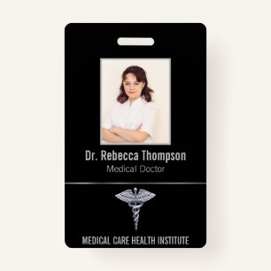 Classy Medical Silver Caduceus on Black Photo ID ID Badge