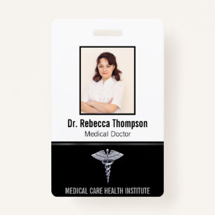 Classy Medical Silver Caduceus on Black Photo ID ID Badge