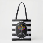 Classy Menorah Shabbat Shalom Tote Bag<br><div class="desc">This attractive tote features a colourful menorah in an oval over bold black and white stripes.  Tote back has coordinated black and white stripes.  ~ karyn</div>