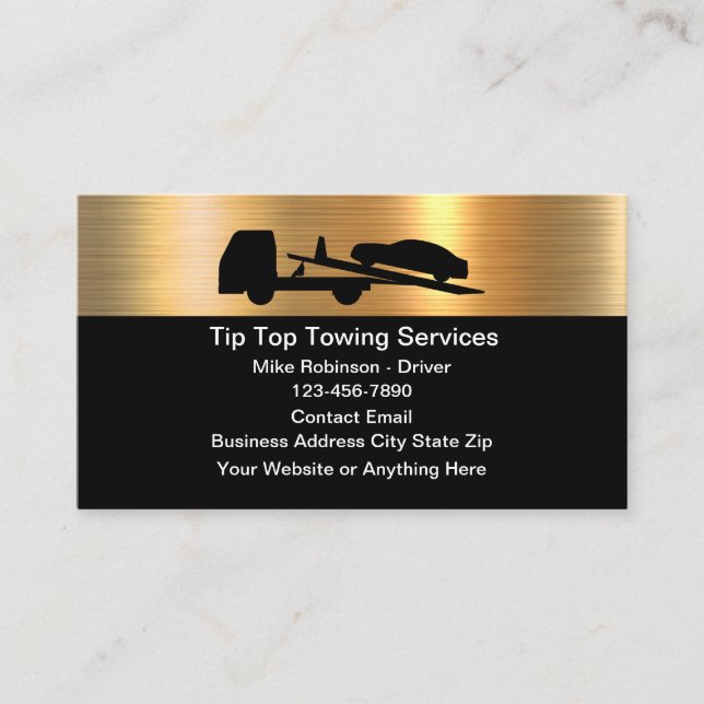 Classy Metallic Gold Towing Service Business Cards (Front)