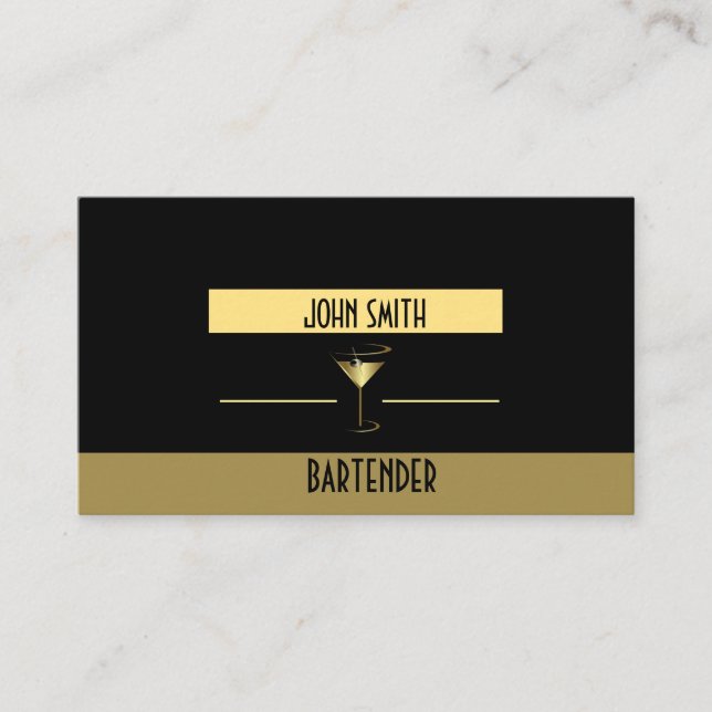 Classy, Metallic Martini Gold Logo Bartender Business Card (Front)