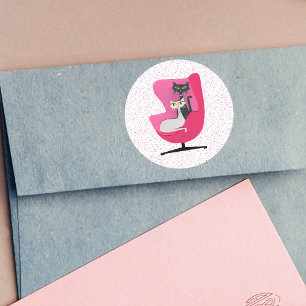 Classy Mid Century Cats Pink Chair Polka Dots Classic Round Sticker