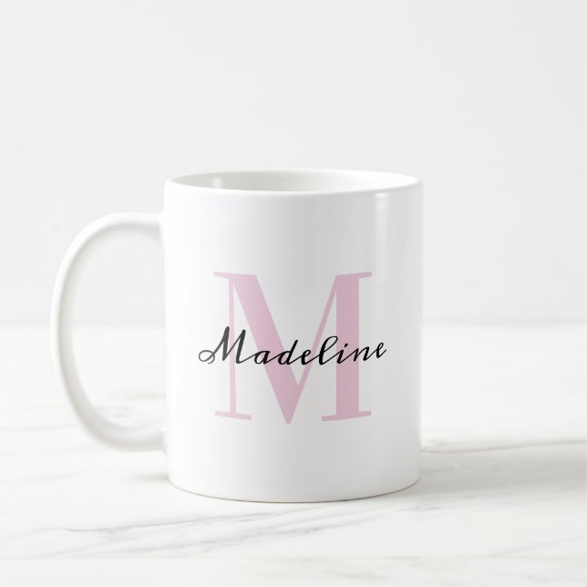 Classy Minimalist Blush Pink & Black Monogram Name Coffee Mug (Left)