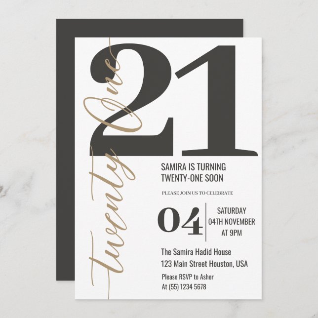 Classy Minimalist Calligraphy 21st Birthday Invitation (Front/Back)